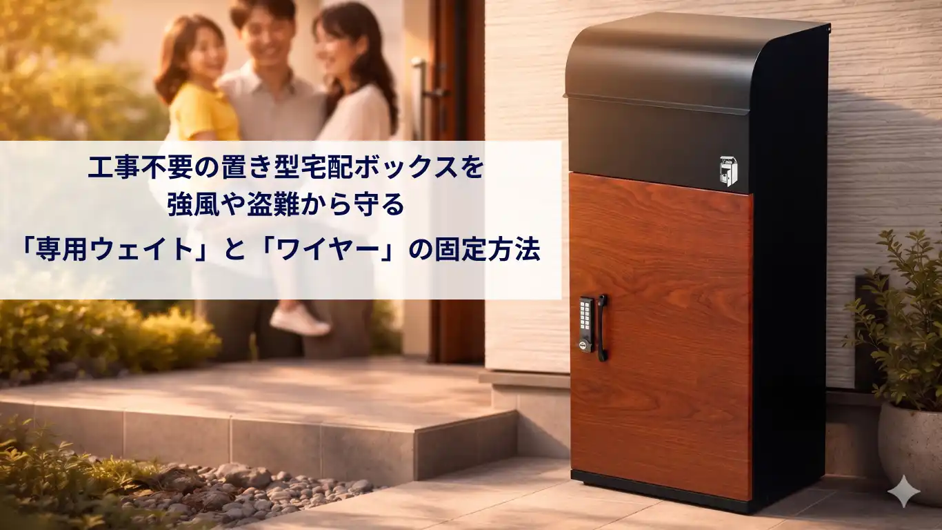 工事不要の置き型宅配ボックスを強風や盗難から守る「専用ウェイト」と「ワイヤー」の固定方法