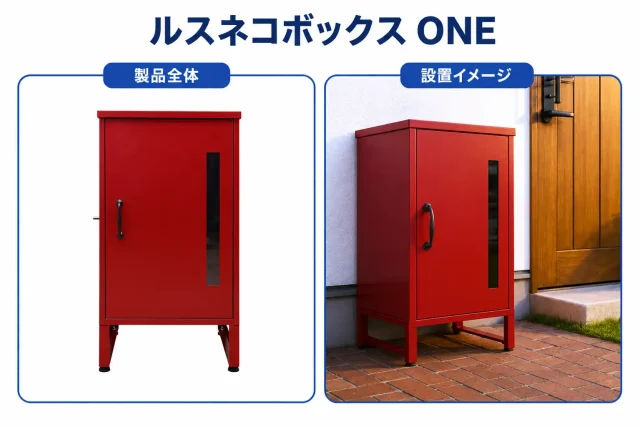 ルスネコボックス ONEの製品全体と玄関への設置イメージ