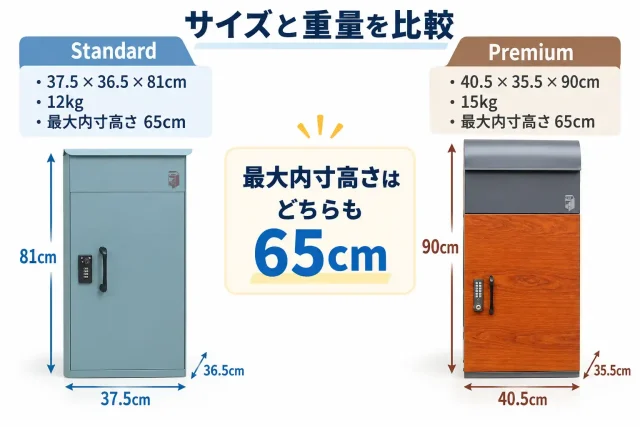 サイズと重量｜外寸は違うが最大内寸高さはどちらも65cm