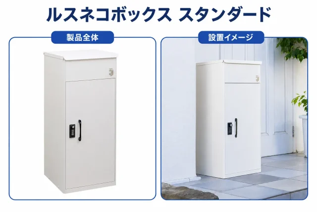 ルスネコボックス スタンダードの製品全体と玄関への設置イメージ